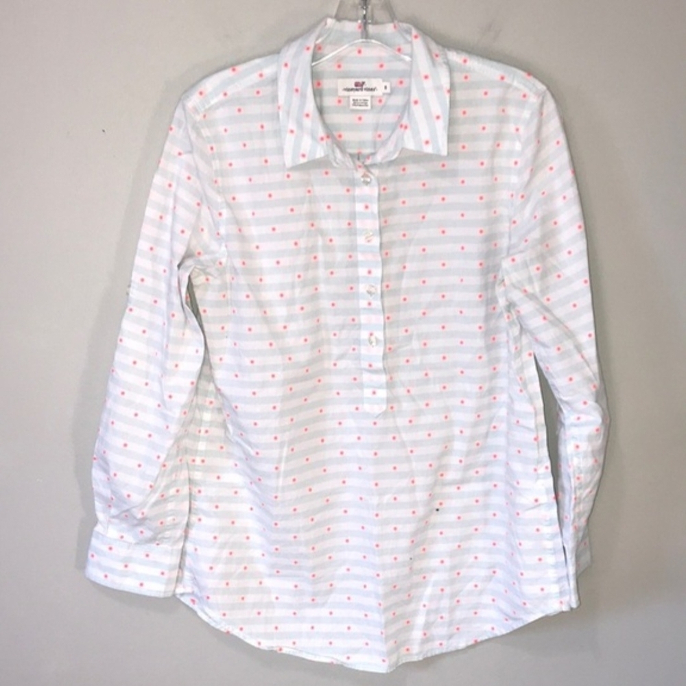 Vineyard Vines Blue White Stripes, Pink Dots Popover Half Button Blouse Womens 8